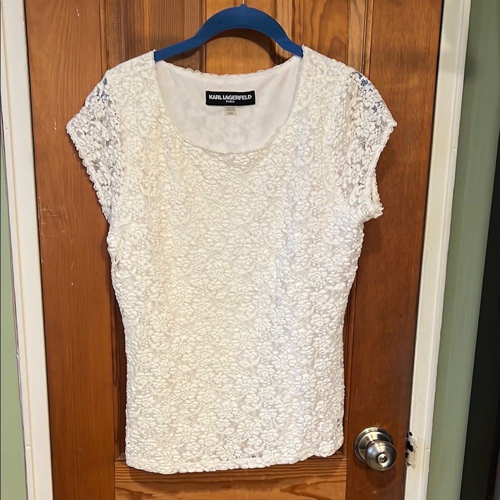 Karl Lagerfeld White Fitted Lace Embellished Blouse
